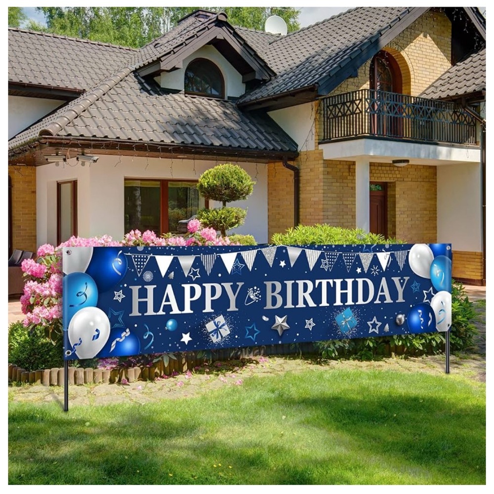 Happy Birthday Silver and Blue banner, 8 x 2,Large Birthday Banners for Outside